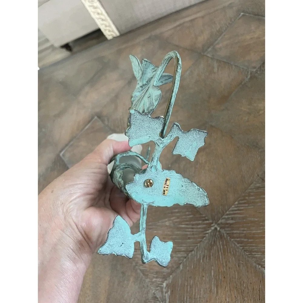 Vtg Verdigris Brass Hummingibrd Bud Vase with Fluted Frosted Glass Insert 8
